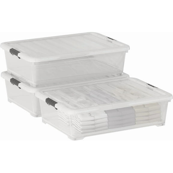 Xyskin 50 Quart Under-Bed Storage Container Organizer Bin with Latching Lids, Large Wheeled Storage Box for Garage, Closet, Clear, 3 Pack