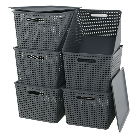 Xyskin 6 Pack Gray Stackable Organizer Basket with Lid, Woven Plastic Storage Basket for Pantry, Closet, Cabinet