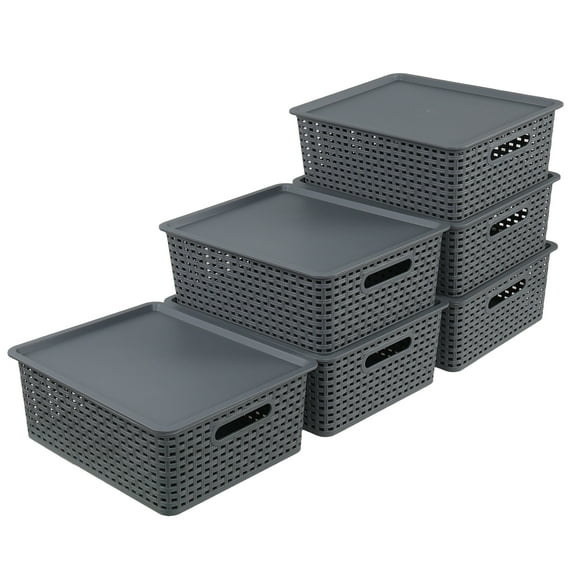 Xyskin 6 Pack Weave Storage Baskets with Lids, Plastic Stackable Storage Basket for Multipurpose, Gray