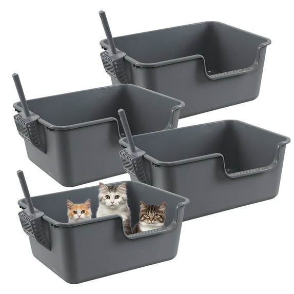 Xyskin Grey Plastic Open Top Cat Litter Box, Anti-Splashing Kitty Litter Box with Scoop, High Sides Cat Litter Pan, 4 Packs