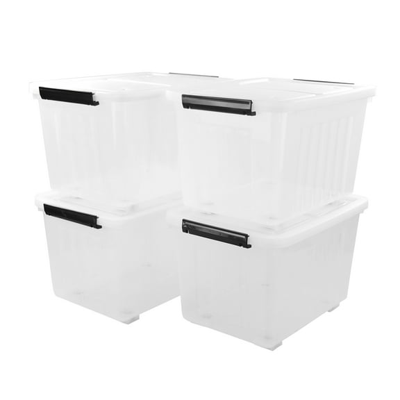Xyskin Large Storage Bin with Buckle Down Lid, Clear Plastic Storage Organizer Container with Wheels, 70 L, 4 Pack