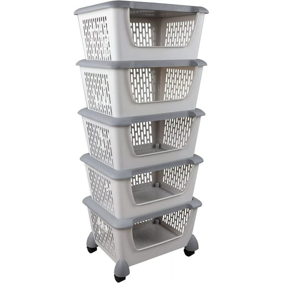 Xyskin Pack of 5 Stacking Storage Basket, Detachable Storage Shelves Bins with Wheels
