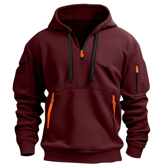 Xyxonk 1/4 Zip Hoodies for Men Plus Size Quarter Zip Up Hoodie with Pockets Trendy Multiple Zippers Basic Sweatshirts Workout Vintage Drawstring 4X-5X Pullover Wine 2XL
