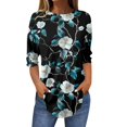thumbnail image 1 of Xyxonk 3/4 Length Sleeve Tops for Women Round Neck Floral Printed T Shirts Fasion Casual Plus Size Pleated 2025 Trendy Blouses Dark Green 3XL, 1 of 5