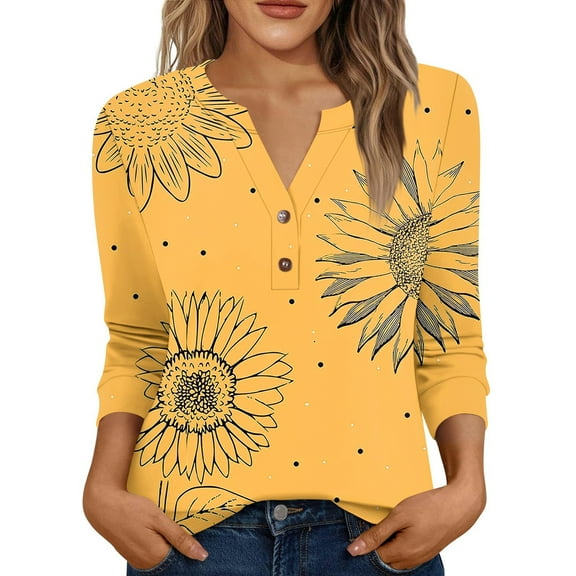 Xyxonk 3/4 Length Sleeve Womens Tops 2025 2025 Floral Print Blouses Dressy Casual V-Neck Button Tops Fall Fashion Shirts Orange XL
