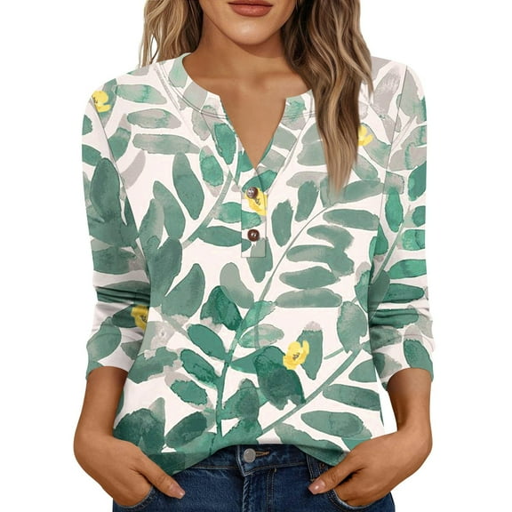 Xyxonk 3/4 Length Sleeve Womens Tops 2025 2025 Floral Print Tees Dressy Casual V Neck Button Tops Summer Trendy Shirt Green S