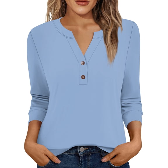 Xyxonk 3/4 Length Sleeve Womens Tops 2025 Dressy Casual V Neck Henley Shirt Work Solid Color Blouses Fall Trendy Clothes Sky Blue S