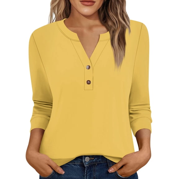 Xyxonk 3/4 Length Sleeve Womens Tops 2025 Dressy Casual V-Neck Henley Shirts Business Solid Color Tees Fall Trendy Clothes Yellow S