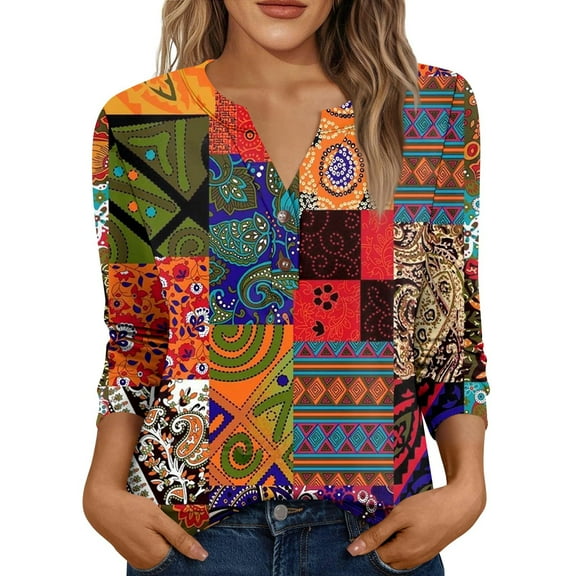 Xyxonk 3/4 Length Sleeve Womens Tops 2025 Dressy Casual V Neck Henley Shirts Office Retro Print Blouses Fall Fashion Clothes Saffron S