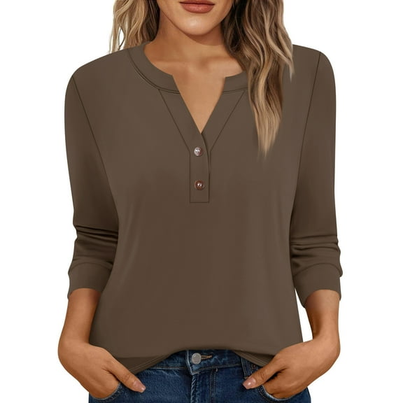 Xyxonk 3/4 Length Sleeve Womens Tops 2025 Dressy Casual V-Neck Henley Shirts Work Solid Color Tees Summer Fashion Clothes Brown XL
