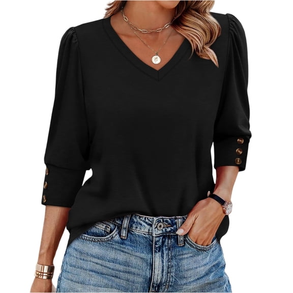 Xyxonk 3/4 Length Sleeve Womens Tops 2025 Dressy Casual V-Neck Shirts Sexy Solid Color Tees Fall Trendy Clothes Black S