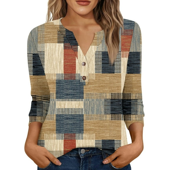 Xyxonk 3/4 Length Sleeve Womens Tops 2025 Floral Print Tees Dressy Casual V-Neck Button Tops Fall Trendy Shirts Earthy Yellow M