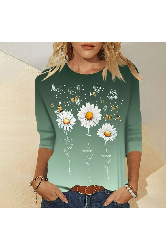 3/4 Length Sleeve Womens Tops Casual Vintage Sunflower Printed Shirt Loose Crew Neck Tunic Top Summer Three Quarter Length T Shirts Clothes Petite Tops for Women Green L