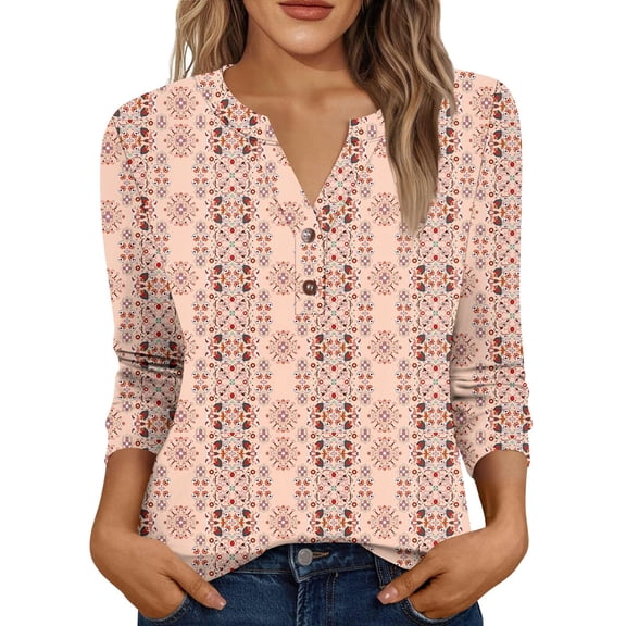 Xyxonk 3/4 Length Sleeve Womens Tops Dressy Casual V Neck Henley Shirt Office Retro Print Tees Fall Fashion Clothes Light pink M