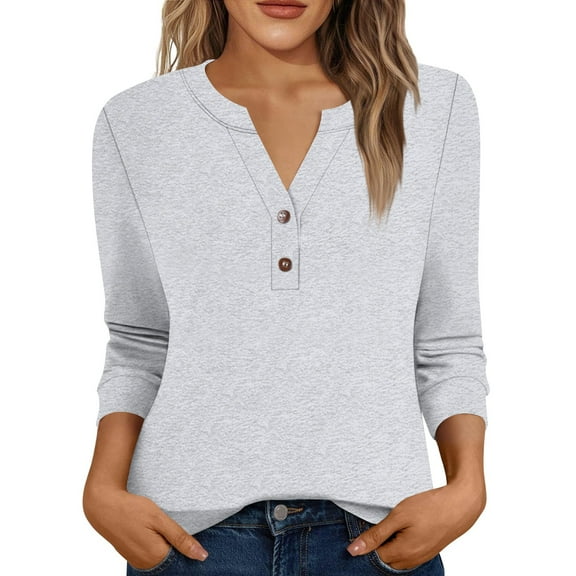 Xyxonk 3/4 Length Sleeve Womens Tops Dressy Casual V Neck Henley Shirts Sexy Solid Color Blouse Summer Trendy Clothing Light Gray 2XL