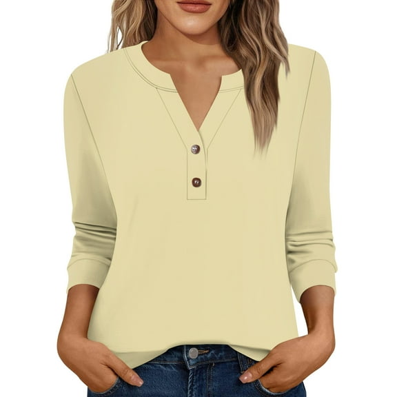 Xyxonk 3/4 Length Sleeve Womens Tops Dressy Casual V Neck Henley Shirts Work Solid Color Tees Summer Fashion Clothes Beige L