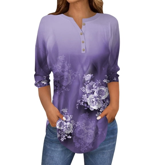 Xyxonk 3/4 Length Sleeve Womens Tops Fashion Floral Printed Shirts Oversized Button Down Tunic Top Fall Three Quarter Length Sleeve T-Shirts Clothing Women's Blouses,Purple 3XL