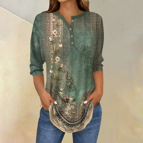 Xyxonk 3/4 Length Sleeve Womens Tops Fashion Vintage Floral Printed Shirt Plus Size V Neck Tunic Top Summer Three Quarter Length T-Shirts Clothing Blusas Casuales De Mujer Bonitas Green 3XL