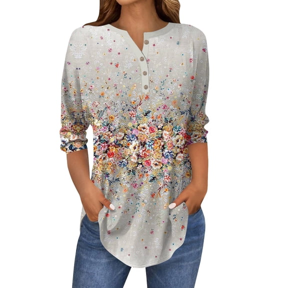 Xyxonk 3/4 Sleeve Blouses for Women Casual Floral Printed Shirts Loose Button Down Tunic Tops Fall Three Quarter Length Sleeve T-Shirt Clothing Women's Blouses,Khaki M