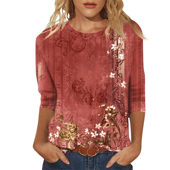 Xyxonk 3/4 Sleeve Blouses for Women Casual Vintage Floral Printed Shirt Oversized Crew Neck Tunic Tops Summer Three Quarter Length T-Shirt Clothing Ladies Tops and Blouses,Wine