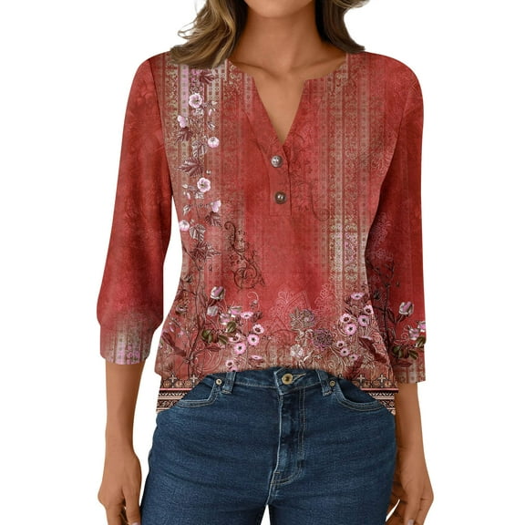 Xyxonk 3/4 Sleeve Fall Shirts for Women 2025 Floral Print Tees Dressy Casual V-Neck Button Top Fall Fashion Shirts Wine XL
