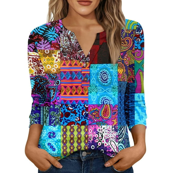 Xyxonk 3/4 Sleeve Fall Shirts for Women Dressy Casual V Neck Henley Shirt Flowy Retro Print Blouses Fall Trendy Clothes Cyan M