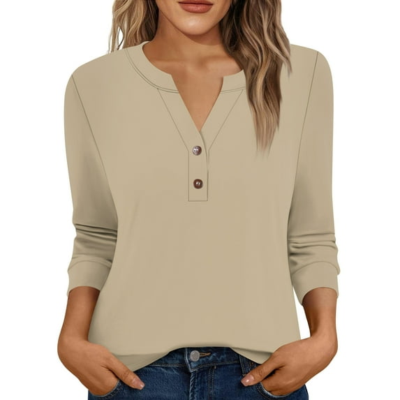 Xyxonk 3/4 Sleeve Fall Shirts for Women Dressy Casual V Neck Henley Shirt Sexy Solid Color Blouses Summer Fashion Clothes Khaki S