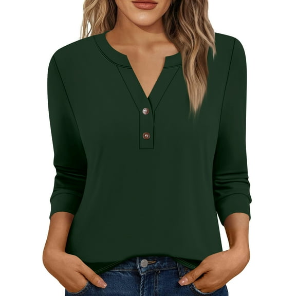 Xyxonk 3/4 Sleeve Fall Shirts for Women Dressy Casual V-Neck Henley Shirts Sexy Solid Color Tees Fall Trendy Outfits Dark Green M