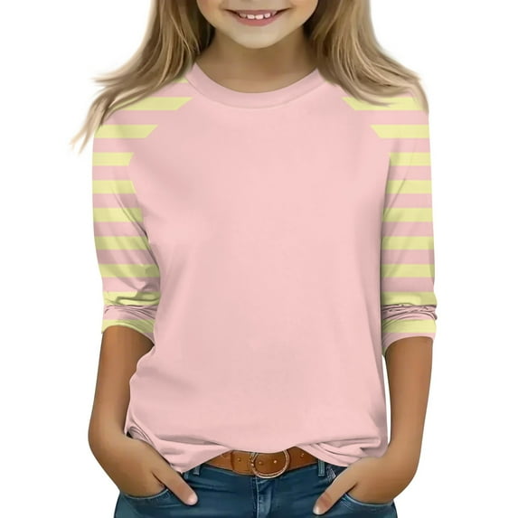 Xyxonk 3/4 Sleeve Shirts for Girls Size 10-12 Color Block Printed Girls Tops Tween Girls Clothes Summer Kids Crew Neck Knit Cute T Shirts Trendy Summer Outfits Girl Clothes 10/12 Beige 140