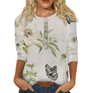 Xyxonk 3/4 Sleeve Shirts for Women Casual Vintage Floral Print Crew Neck Button Down Shirts Three Quarter Length T Shirts Fit Graphic Blouses Womens Tunic Tops Clothes Green 3XL