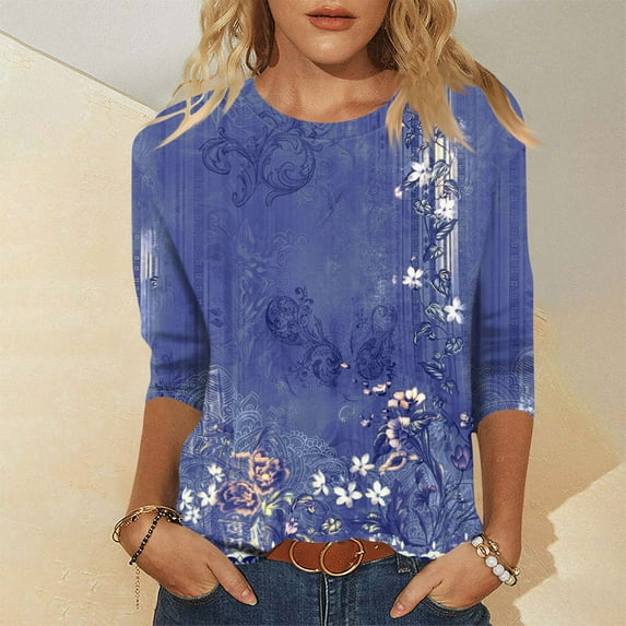 Xyxonk 3/4 Sleeve Tops for Women Fashion Vintage Floral Printed Shirt Loose Round Neck Tunic Tops Summer Three Quarter Length T-Shirts Clothing Ladies Crew Neck Tunic Tops Dark Purple S