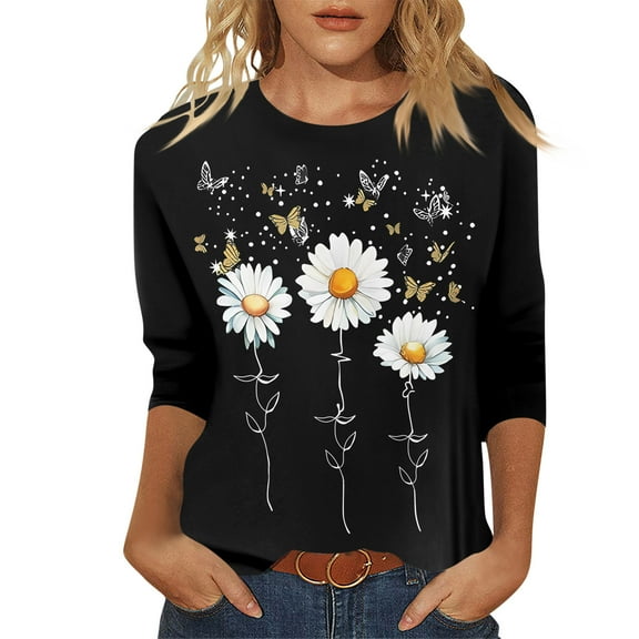 Xyxonk 3/4 Sleeve Tops for Women Fashion Vintage Sunflower Printed Shirts Loose Crew Neck Tunic Tops Summer Three Quarter Length T-Shirts Clothing Cute Clothes
