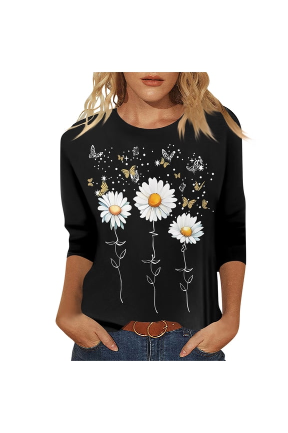 3/4 Sleeve Tops for Women Fashion Vintage Sunflower Printed Shirts Loose Crew Neck Tunic Tops Summer Three Quarter Length T-Shirts Clothing Cute Clothes
