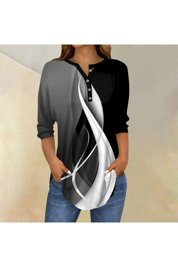 3/4 Sleeve Tops for Women Trendy Color Block Printed Shirts Oversized V Neck Tunic Top Summer Three Quarter Length T Shirts Clothes Ladies V Neck Tunic Tops Black XL