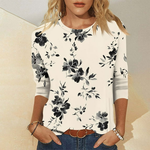 Xyxonk Women's Tops 3/4 Sleeve Trendy Vintage Floral Printed Shirt Plus Size Crew Neck Tunic Tops Summer Three Quarter Length T Shirts Clothing Summer Shirts for Women Beige XL