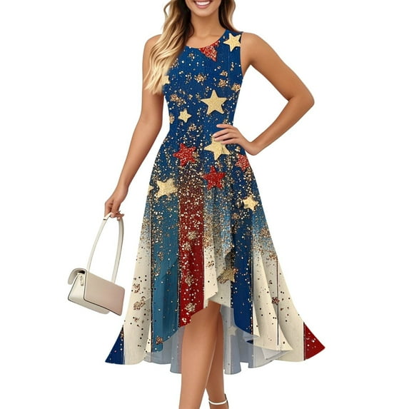 Xyxonk American Flag Dress Women Sleeveless Ruffled 4th Of July Patriotic Tank Sundress Summer Casual Crew Neck Independence Day Short Dress Dark Blue M