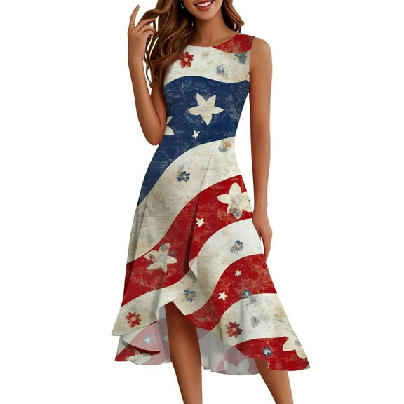 Xyxonk American Flag Dress Women Sleeveless Ruffled 4th Of July Flag Beach Sundress Summer Casual Crew Neck Independence Day Dresses Khaki XL