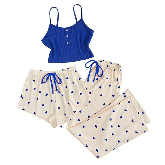 Xyxonk American Trends Cute Pajamas for Women Heart Print Bow Front Cami Tops and Shorts Set Soft Spaghetti Strap Sleepwear Sleep Set Blue L