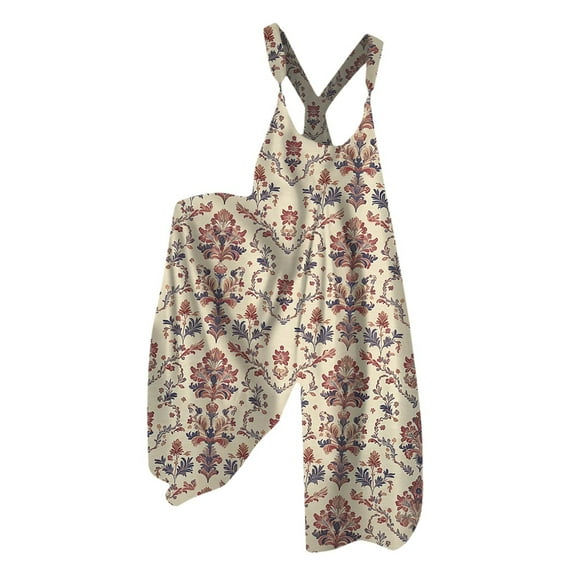 Xyxonk Baggy Jumpsuits for Women Boho Bib Plus Size Pants Floral Print Wide Leg Hippie Pants Light Brown 3XL