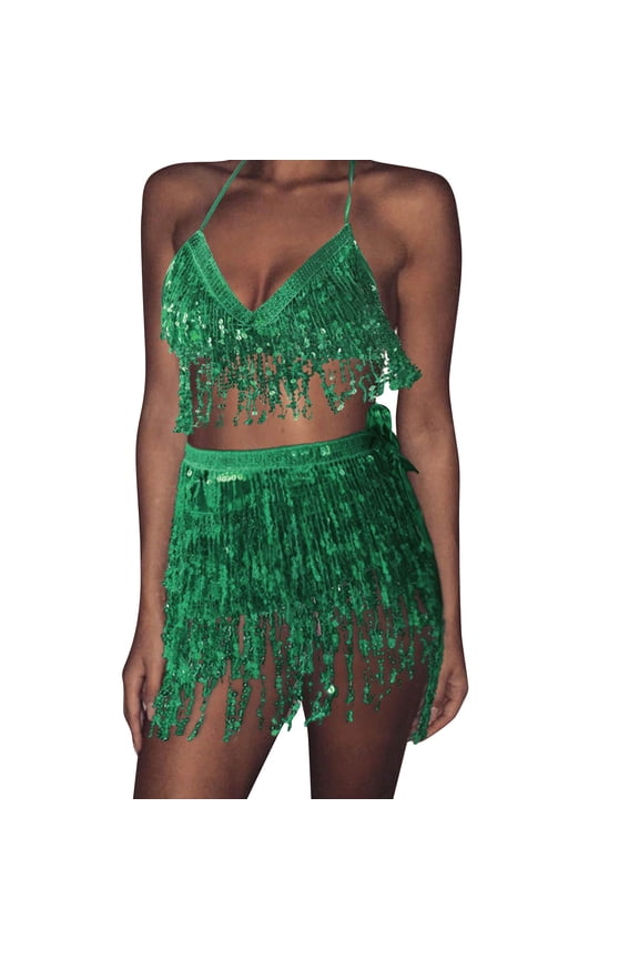 Belly Dancer Outfit Fringe Sequin Skirts Sets for Women,Green