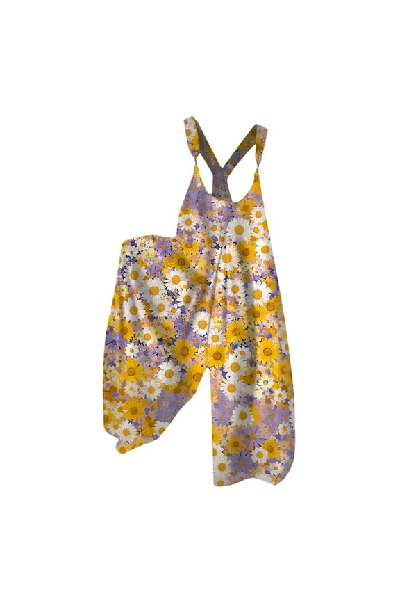 Bohemian Clothes for Women Boho Bib Plus Size Jumpers Rompers Floral Print Wide Leg 2025 Hippie Clothes Yellow 3XL