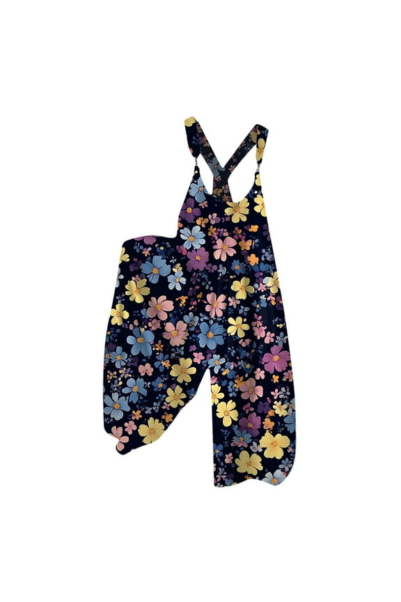 Bohemian Clothes for Women Casual Loose Plus Size Jumpers Pants Floral Print Wide Leg Patchwork Bib Rompers Navy 3XL