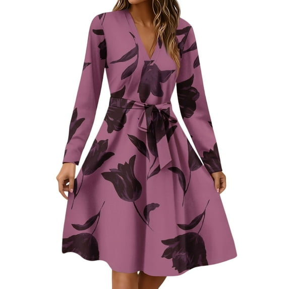 Xyxonk Business Dresses for Women Formal Long Sleeve Teacher Dress Fall Empire Waist a Line Dress Office V Neck Floral Print Dresses Wine L