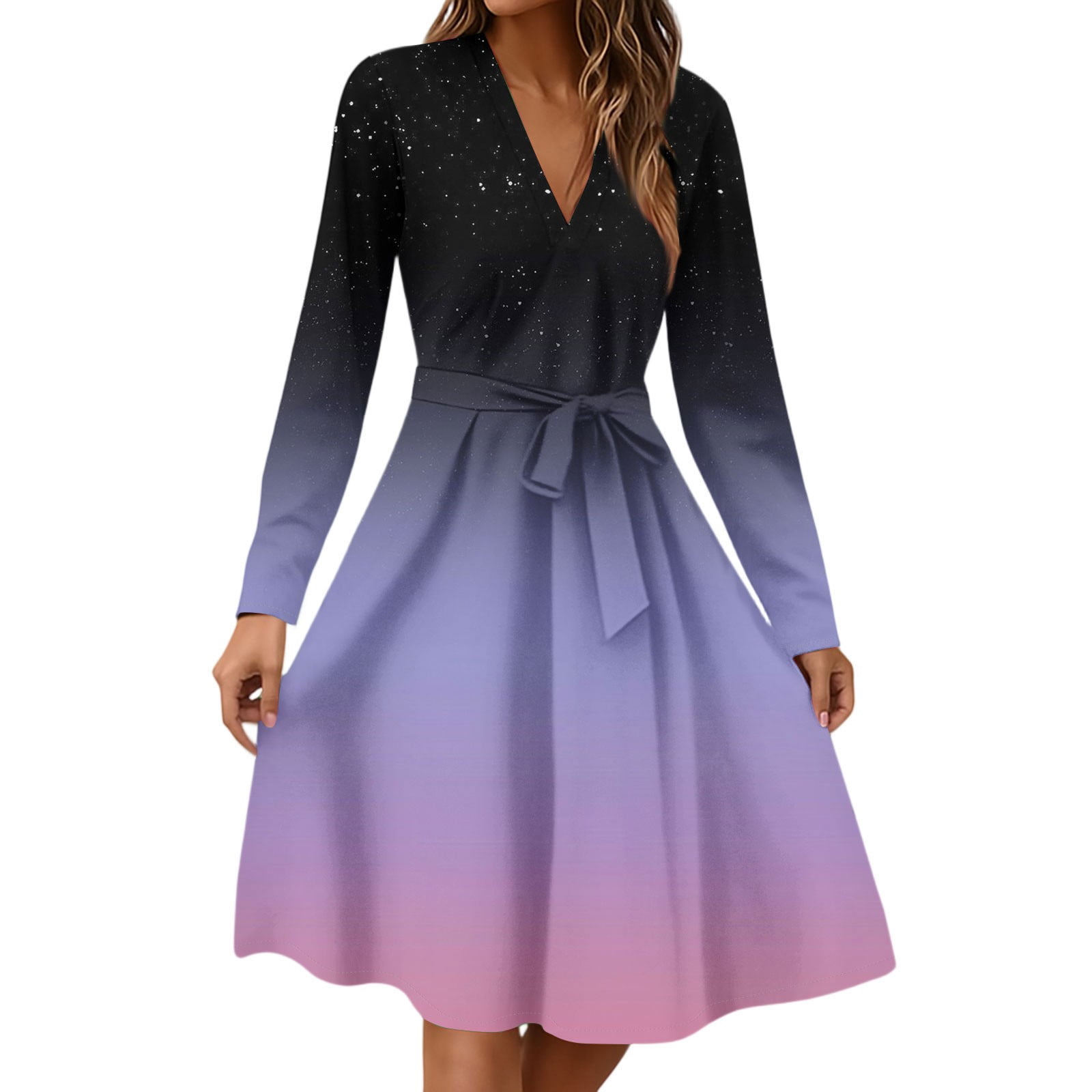 Xyxonk Business Dresses for Women Long Sleeve Fashion Teacher Dress Fall  V-Neck Dresses Tie Waist Business a Line Gradient Print Dress Purple M -  Walmart.com