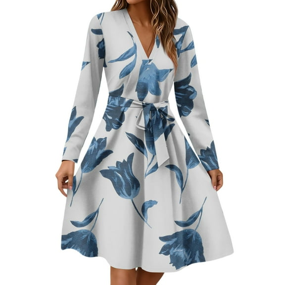 Xyxonk Business Dresses for Women Long Sleeve Fashion Teacher Dress Winter V Neck Dress Empire Waist Casual a Line Floral Print Dresses White L