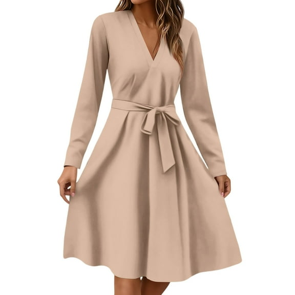 Xyxonk Business Dresses for Women Long Sleeve Formal Teacher Dress Fall V Neck Dress Empire Waist Business A-Line Floral Print Dresses Khaki 2XL