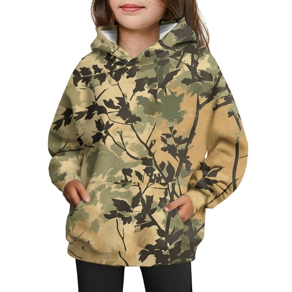 Xyxonk Camo Girls Hoodies Kids 10-12 Years Long Sleeve Maple Leaf Print Oversized Camouflage Sweatshirt with Pockets Winter Hunting Fleece Pullover Hoodie,Earthy Yellow 150
