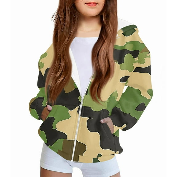 Xyxonk Camo Girls Zip Up Hoodies Kids 10-12 Years Long Sleeve Maple Leaf Graphic Cute Camouflage Sweatshirt Jacket with Pocket Fall Winter Lightweight Fleece Hoodie Kids Coat,Green 100