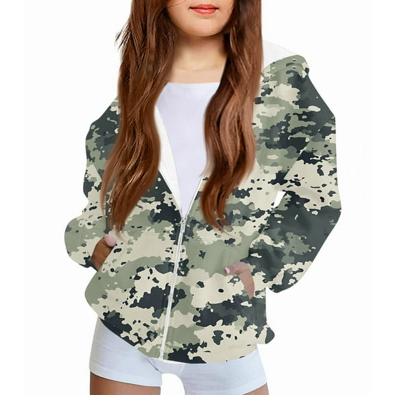 Xyxonk Camo Girls Zip Up Hoodies Kids 10-12 Years Long Sleeve Maple Leaf Graphic Trendy Camouflage Sweatshirt Jacket with Pocket Winter Lightweight Fleece Coat,Light Green 110