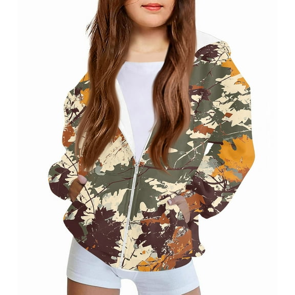 Xyxonk Camo Girls Zip Up Hoodies Kids 10-12 Years Long Sleeve Maple Leaf Print Casual Camouflage Sweatshirt Jacket with Pocket Winter Lightweight Fleece Coat,Orange 110
